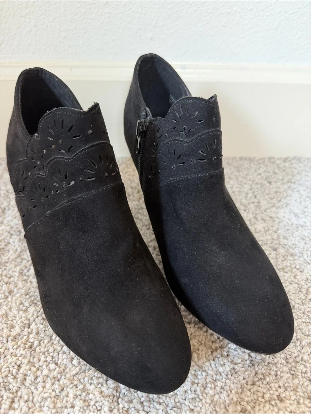 Women’s Black Suede Ankle Booties with Decorative Cutouts and Sparkle